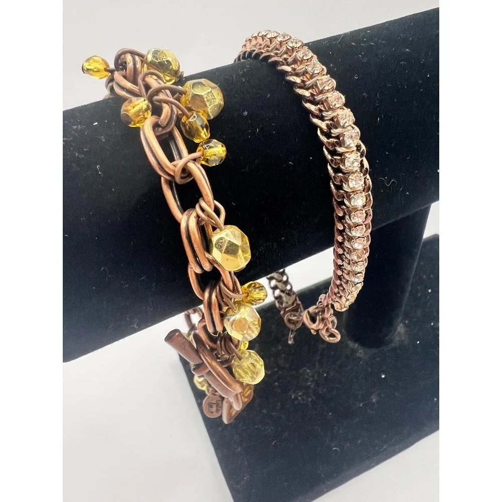 Cookie Lee Copper Bracelet‎ Lot 0f 2 Yellow Glass Beads Rhinestone Chain Boho